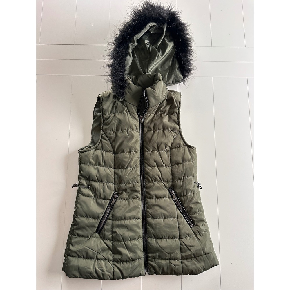 Maurices Olive Green Puffer Vest Faux Fur Trim Hooded Quilted Sleeveless Jacket